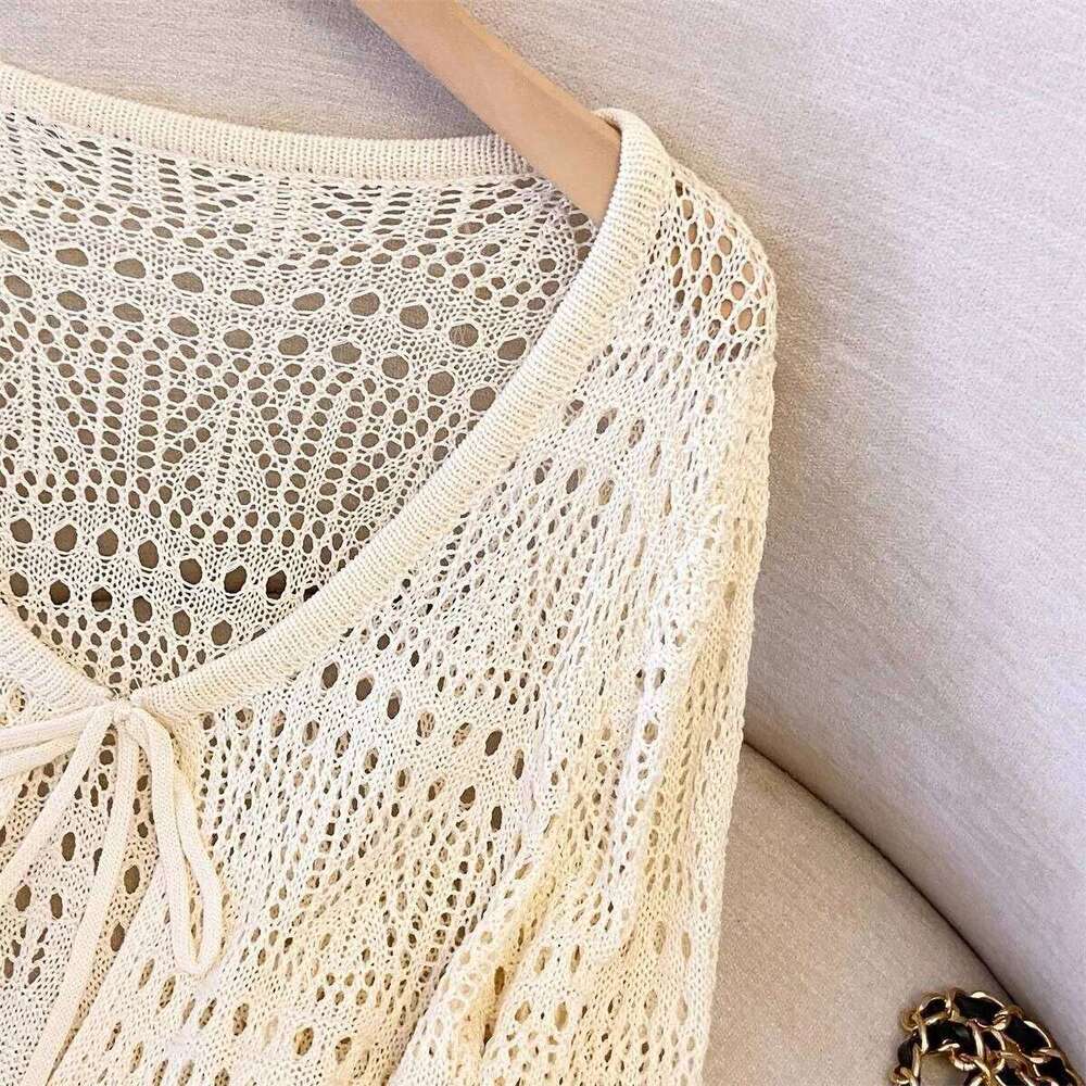 Women's Summer Lace Knit Cardigan Long Sleeve V-neck Openwork Crochet Tie Front Sun Protective Shawl Versatile Cover-Up for Fall 26L0224