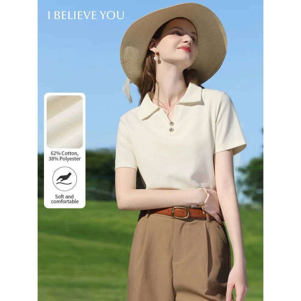 I BELIEVE YOU Women T-Shirt Summer New Slimming Apricot French Polo V-Neck Pique Breathable Commuting Short Sleeve 2252015950 26W0224