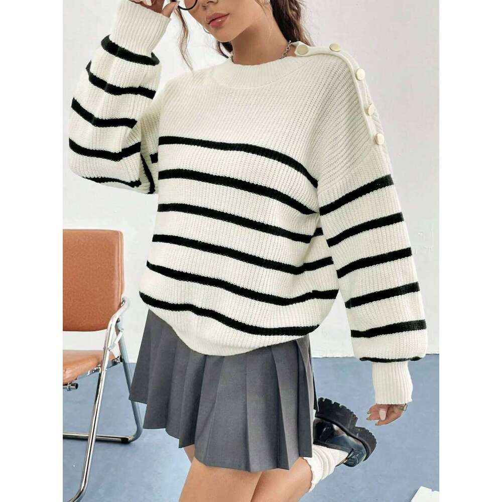 Women's White & Black Striped Knit Sweater Oversized Crew Neck Pullover with Shoulder Buttons 26L0224