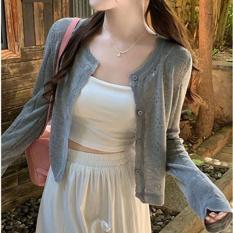 Grey Knitted Cardigan Thin Women Summer Hollow Out Long Sleeve Button Sun Protected Korean Style Short Knitwear Tops Female 26L0224