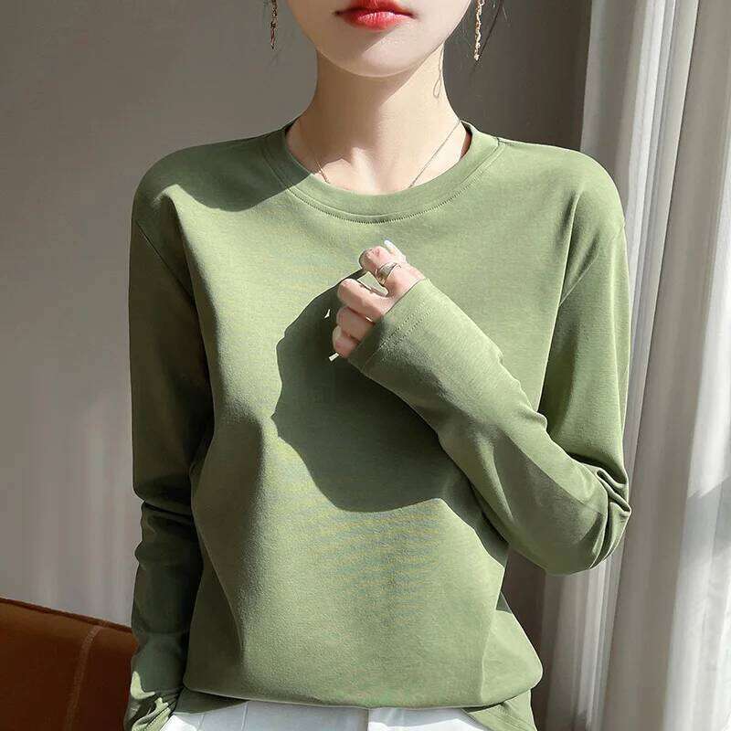 Spring And Summer New Mercerized Long Sleeve Women's Round Neck Loose 100% Cotton Bottoming T-shirt 26Y0224