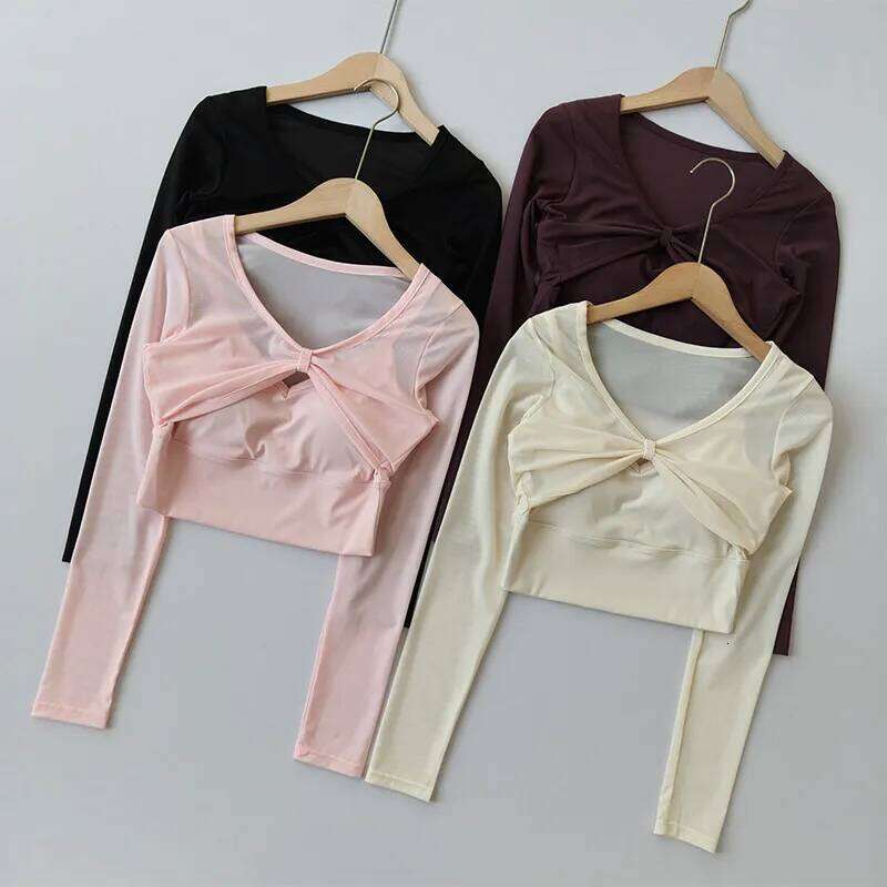 Women's Padded Long Sleeve Yoga Crop Sexy Mesh Gym Running Workout Sports Top with Pockets for Fitness Pilates Shirt 26Y0224