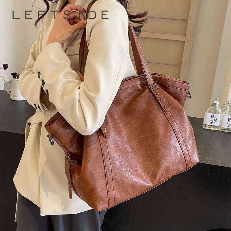 LEFTSIDE Retro Big PU Leather Shoulder Bags for Women 2024 Y2K Vintage Female Underarm Crossbody Bag Simple Solid Color Handbags Z260224