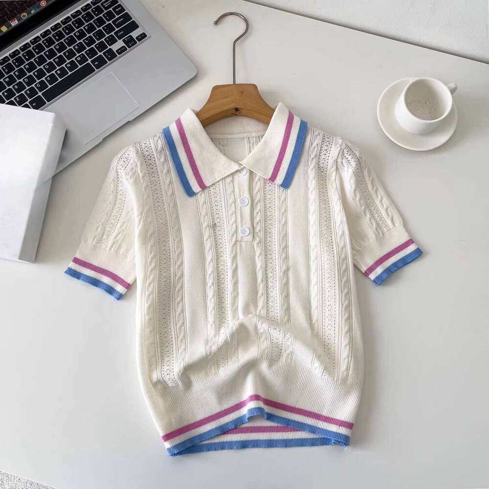 REALEFT Summer 2026 New Vintage Knitted Women's Polo Shirts Short Sleeve Bottom Hollow Out Buttons Knitwear Tops Tee Female 26W0224
