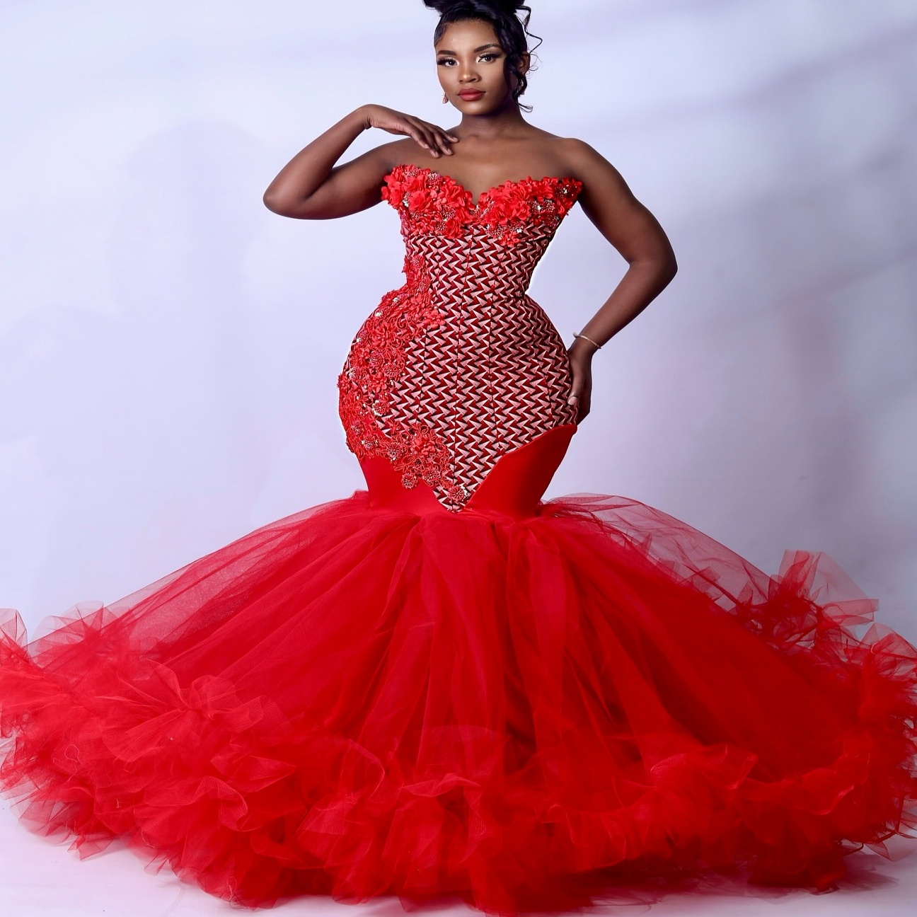 Aso Ebi Red Mermaid Prom Dresses 2026 Printed Flowers Lace Tulle Evening Formal Party Second Birthday Engagement Gowns Dress For Special Occasions ZJ0
