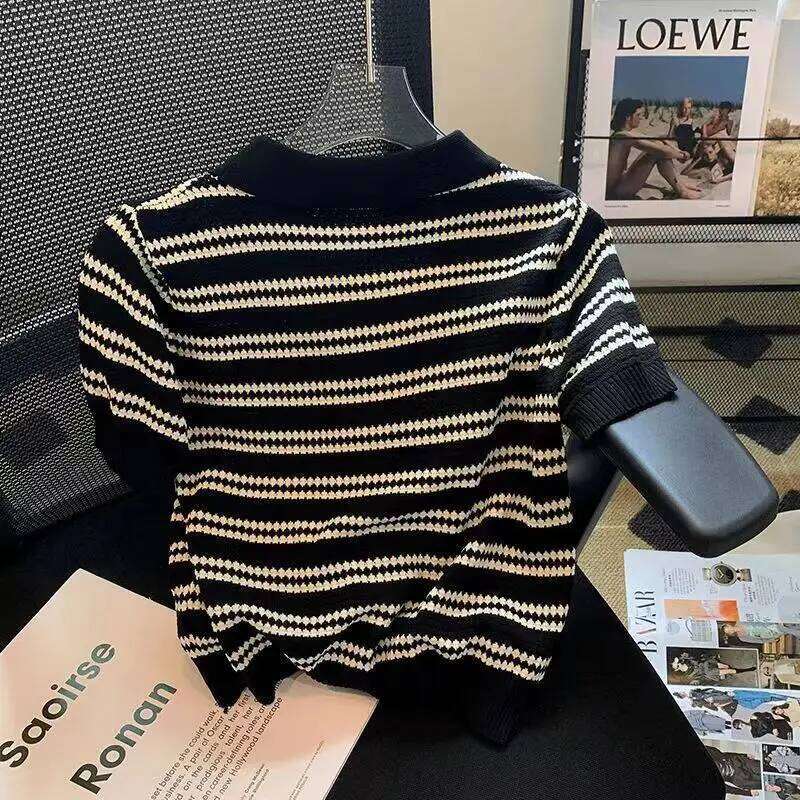 Summer New POLO Collar Fashion Short Sleeve Polo Shirts Women High Street Casual Striped Contrast Color Button Knitting Pullover 26W0224