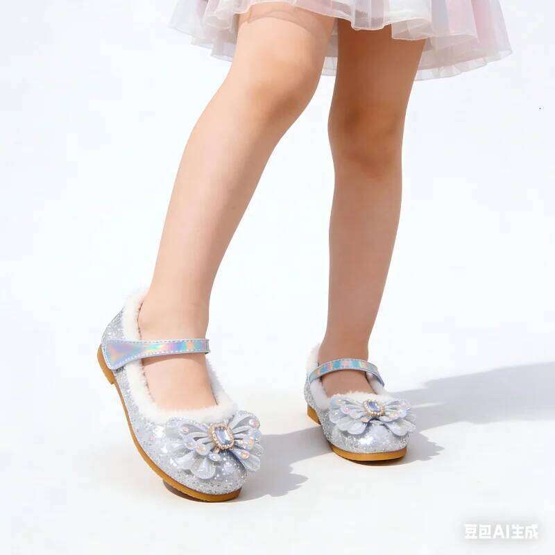 Autumn Fashion Pearl Bow Rhinestone Frozen Elsa Girl Flat Kids Princess Warm Winter Shoes Size 23-36 26W0224