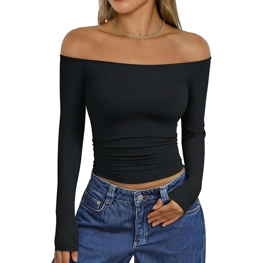 2026 European American cross-border new fashionable and sexy off-shoulder long-sleeve slim-fit T-shirt, versatile women's clothing
