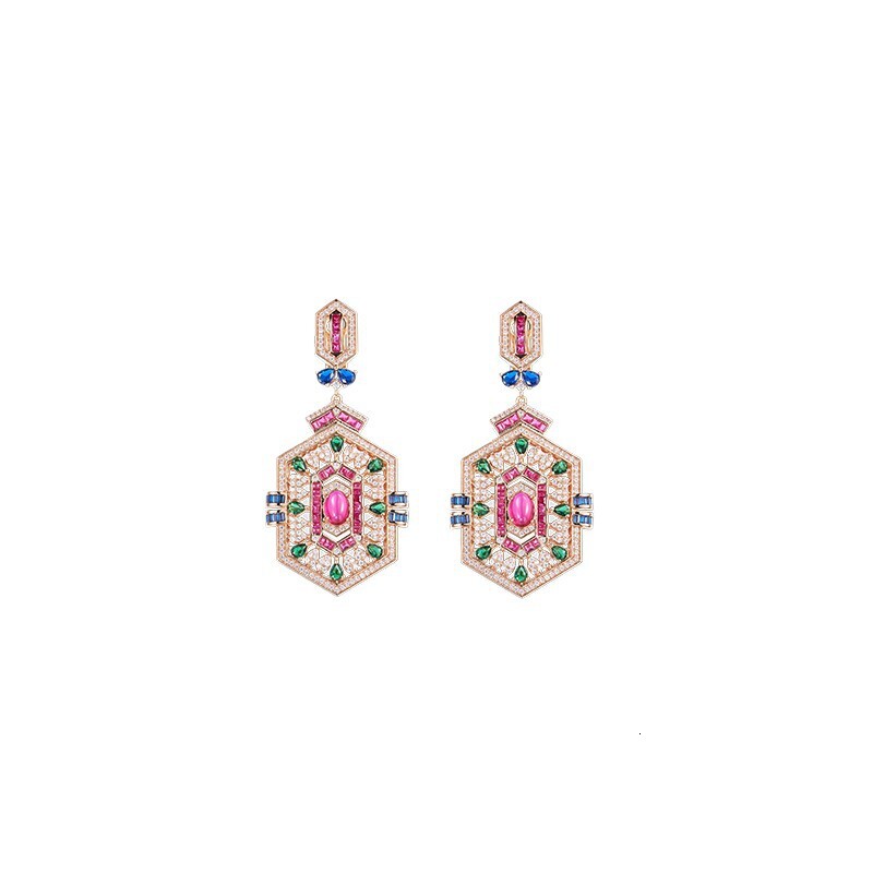 Earrings Trade Diamond-Shaped Square Earrings, Gold-Plated With Red Corundum Earrings, Luxurious And High-End Celebrity Style Earrings