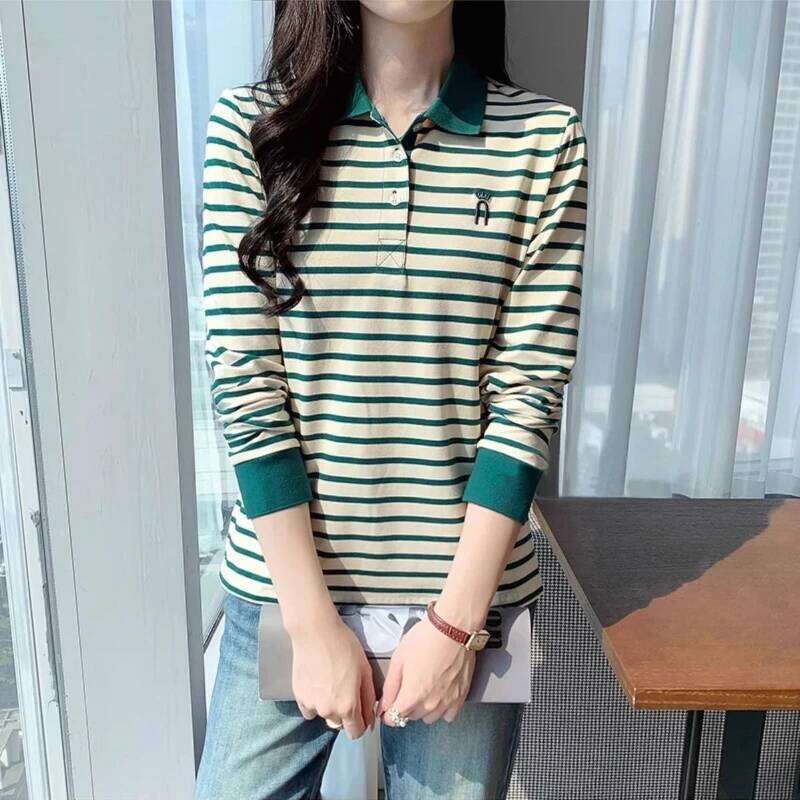 Womens Striped Polo Shirt 100% Cotton Long Sleeve Slim Fit Lightweight Top Autumn Elegant Collar Casual Versatile New Arrival 26W0224