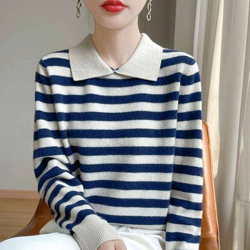 Autumn Winter Woman 100% Merino Wool Sweater POLO Collar Pullover Colorful Stripes Knitwear Bottoming Clothing Long Sleeve Tops 26W0224