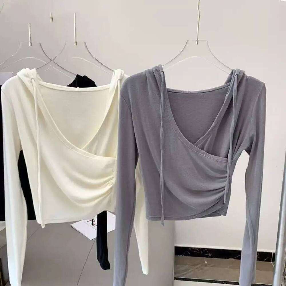 Autumn/Winter Slimming Hooded Blouse for Women, Fitted V-Neck Sports , Yoga Wear, Long-Sleeve Top, Fitness Apparel 26Y0224