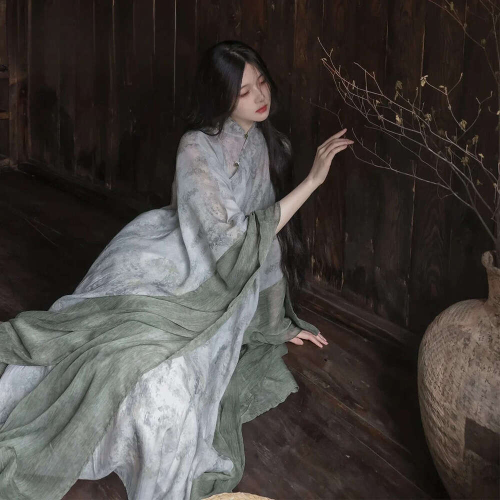 Mardi Hefxessdr Homemade Women s Clothing Cool Chinese Style Cheongsam Sleeves Loose nd Elegant Cold Green Literary Robe Dress