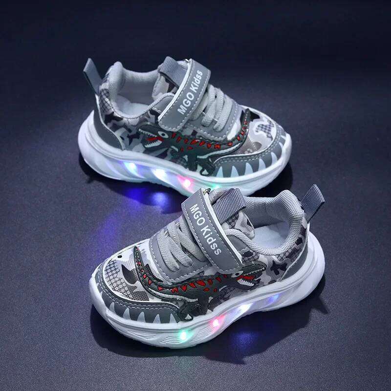 Spring New Sports Cartoon Dinosaur Children's LED Light Shoes Soft Sole Boys' Causal Sneakers 2-6 Years Old 26W0224