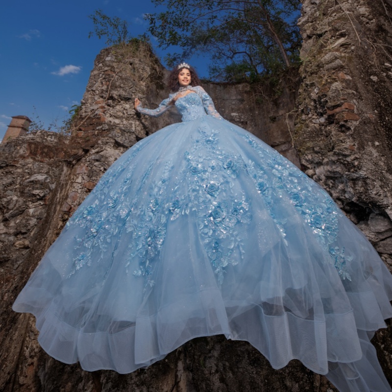 Sky Blue Quinceanera Dresses Ball Gown Off The Shoulder Applique Lace Beading Crystal Bow Tull Party Birthday Sweet 16 Dress Vestidos 15 Anos