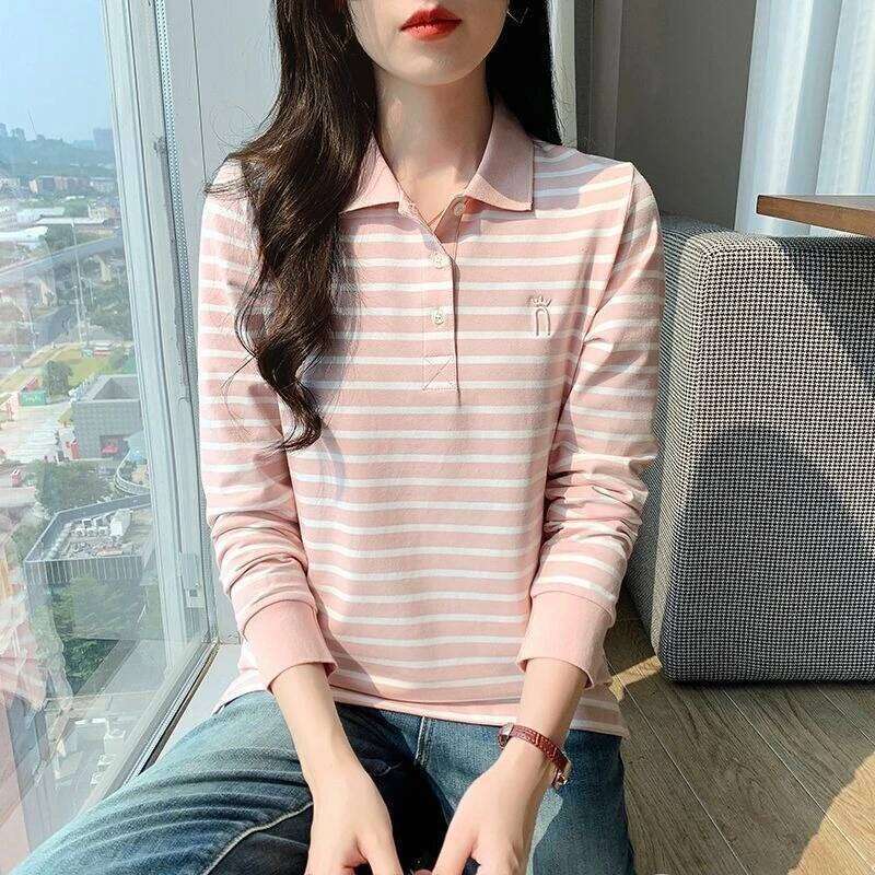 Womens Striped Polo Shirt 100% Cotton Long Sleeve Slim Fit Lightweight Top Autumn Elegant Collar Casual Versatile New Arrival 26W0224