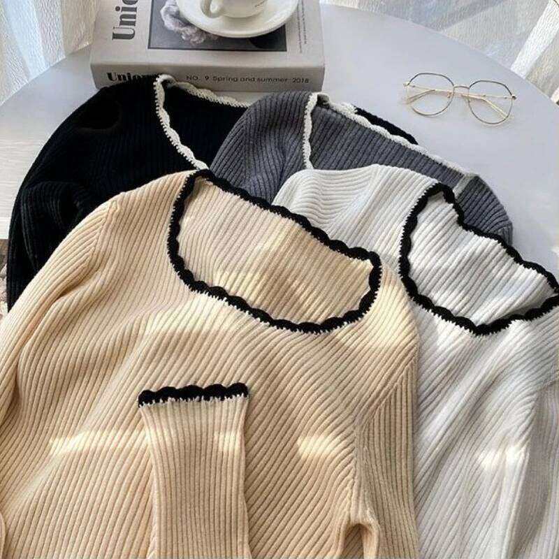 2025 Autumn Winter Square Neck Knitted Pullovers Women Long Sleeve Slim Soft Tops Casual Versatile Color Blocking Sweater 26L0224