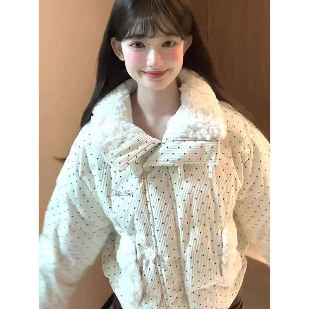 Mardi Hefxessdr Sweet Pola Dot Paras Women Winter Loose Casual Thicen Button Patchwor Puffy Coats Korean Fashion Fur Collar Female Outwear
