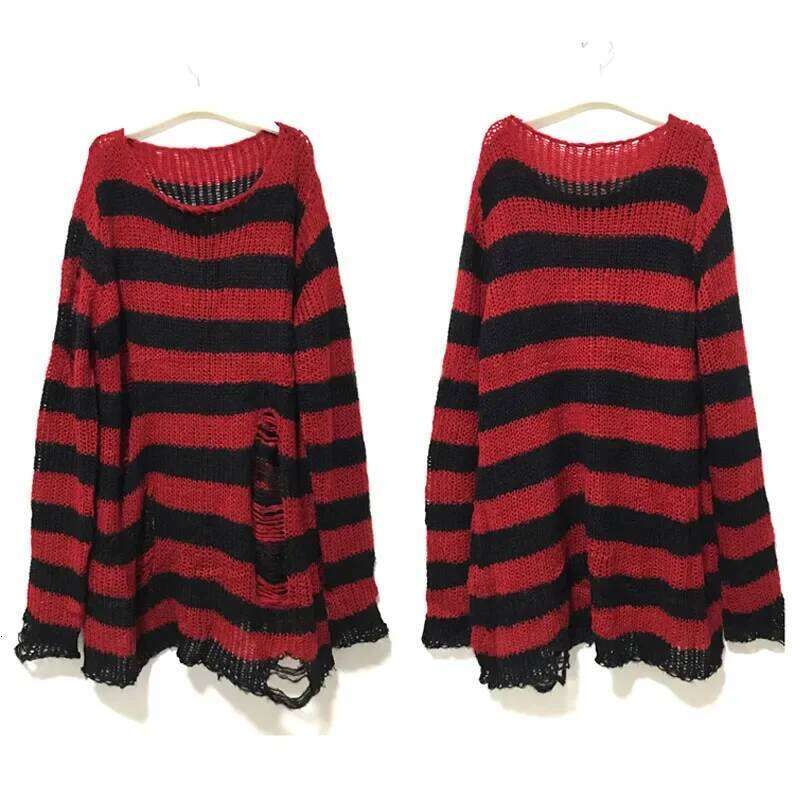 New Streetwear Top Punk Gothic Long Unisex Sweater Summer Women Striped Cool Hollow Out Hole Broken Jumper Loose Rock Thin Dark 26L0224
