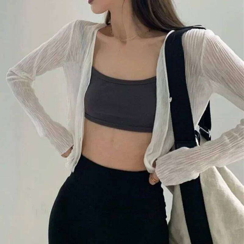 Women's Sunscreen Cardigan V-Neck Thin Long-Sleeved Solid Blouse Tops for Woman Summer Black White Y2K Casual Shirt 26L0224