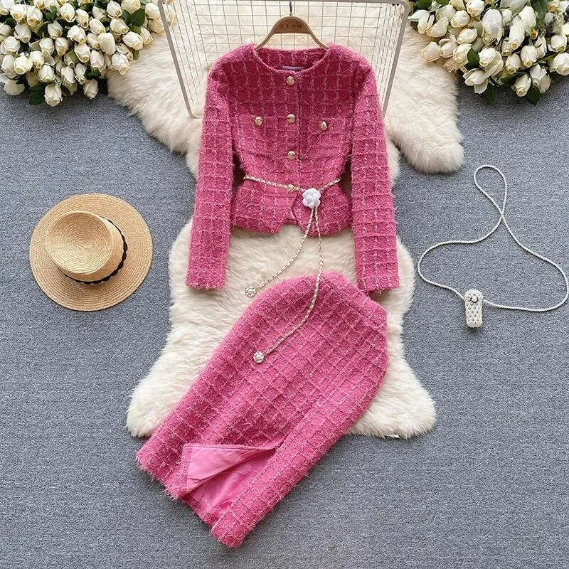 Women's Tweed Tracksuit Set Cropped Jacket High Waist Skirt Suit for Spring and Autumn Fashion