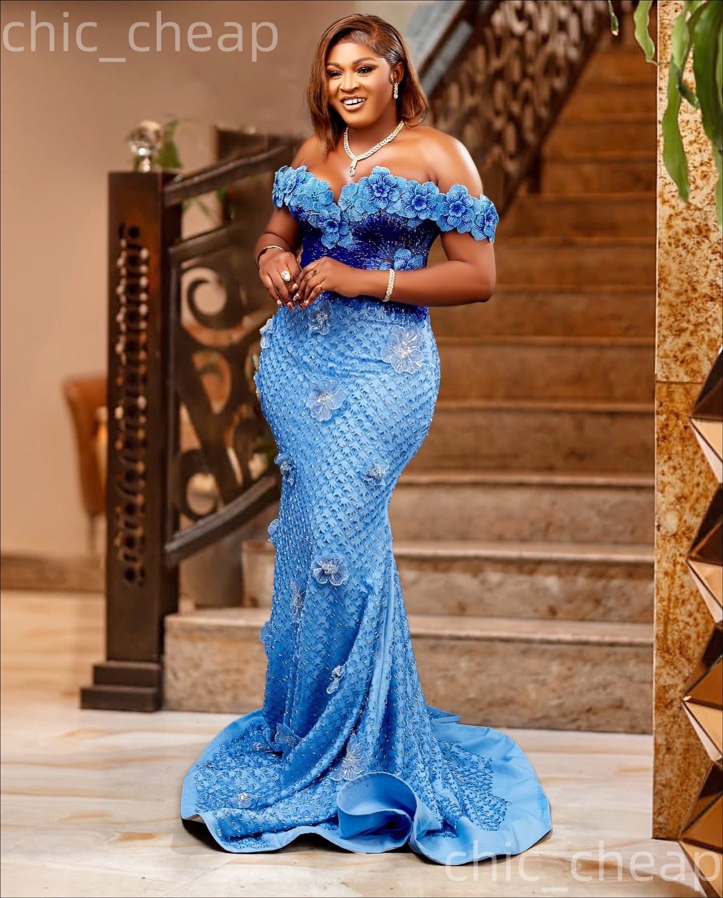 Aso Ebi Sky Blue Mermaid Prom Dresses 2026 Flowers Sequined Sweetheart Evening Formal Party Second Birthday Engagement Gowns Dress For Special Occasio