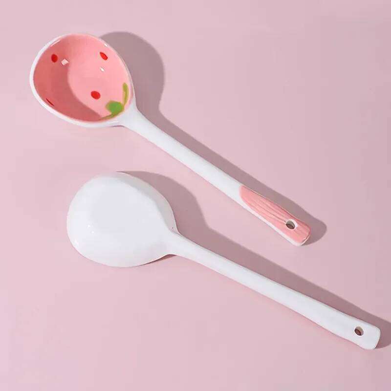 Kawaii Strawberry Ceramic Soup Cute Korean Ice Cream Hand Painted Coffee Dessert Long Handle Spoon Kitchen Accessories