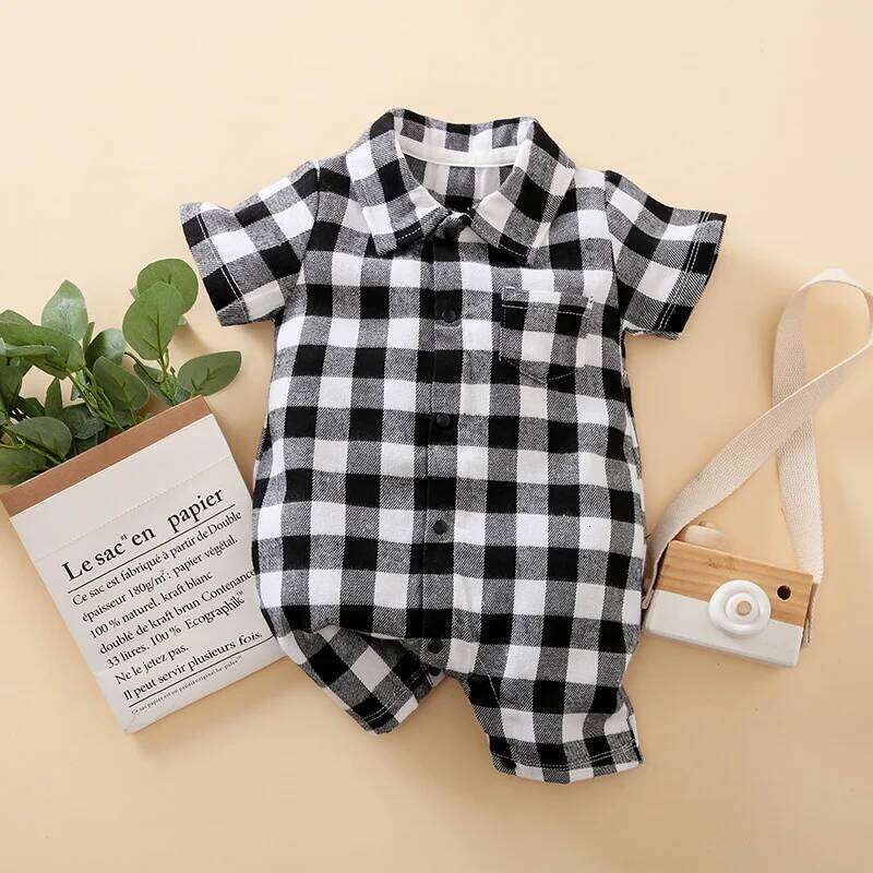 Summer Boys And Girls Literary Style Checkered Shirt Casual Comfortable Short Sleeve Baby Bodysuit 26Y0224
