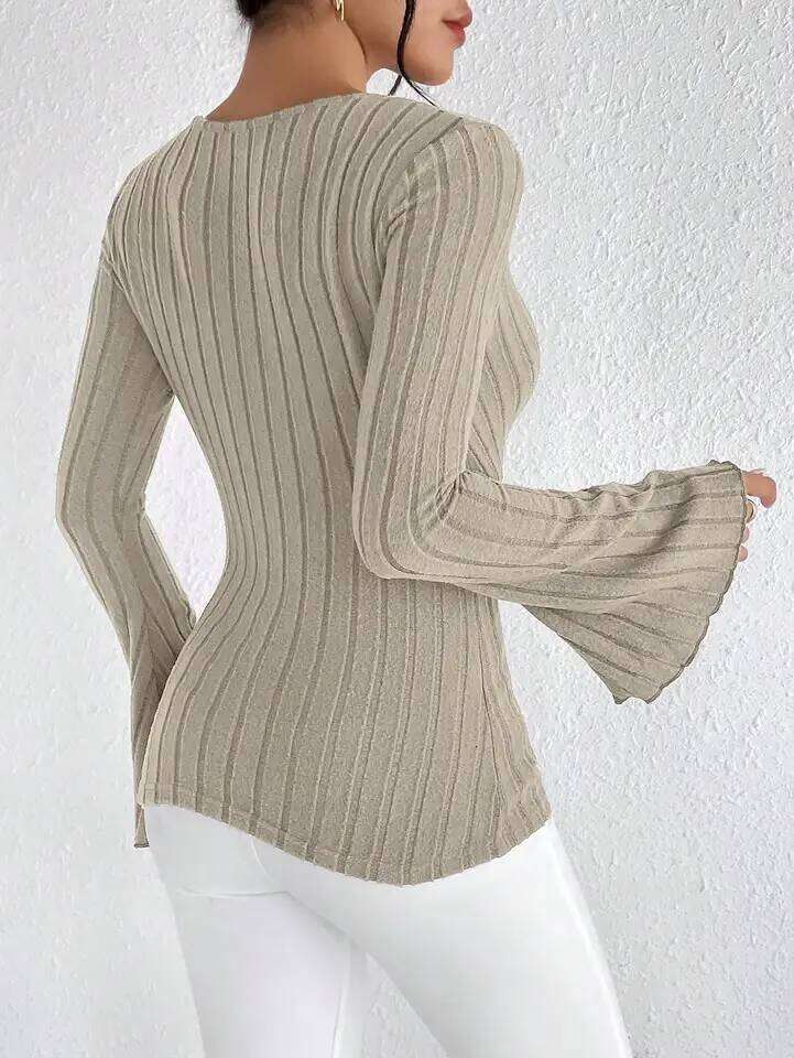 Fall and Winter V-neck Sexy Slim Striped Women's Tops, Long-sleeved T-shirt Knitted Bottoming Shirt 26L0224