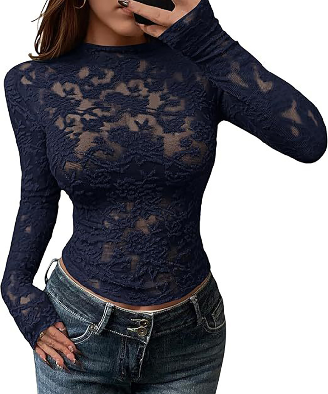 Summer Women's T-Shirt Long Sleeves See Through Lace Crop Top Solid Sexy Bodycon T-Shirt For Women Party Club Spring Summer Clothes