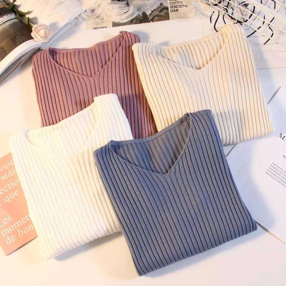 Autumn Winter Women Sweaters Casual Long Sleeve Knitted V Neck Pullover Sweater Femme Basic Solid Tops Fashion Clothes 26L0224