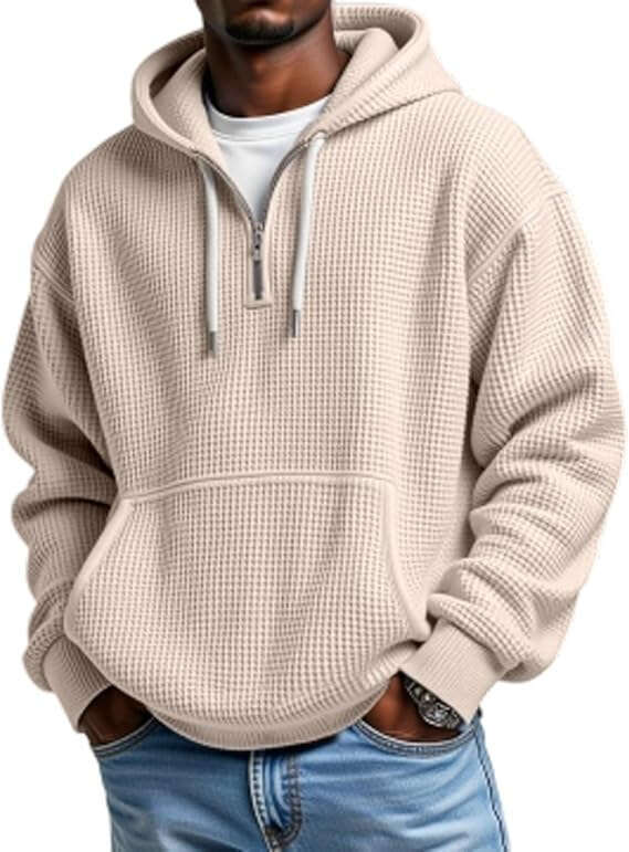 Autumn and winter hooded sweatshirt, versatile trendy pullover 3D printed top, long-sleeved men's waffle zipper sweatshirt