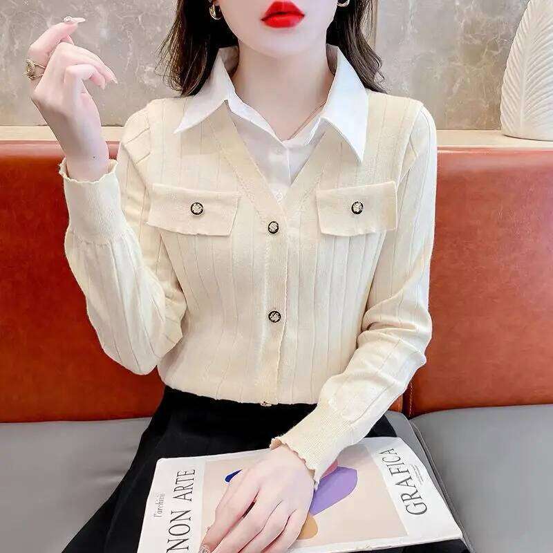 Preppy Style Fake Two-piece Patchwork Pullovers Autumn Winter Polo Neck Long Sleeve Office Sweaters Fashion Trend Women Clothing 26W0224