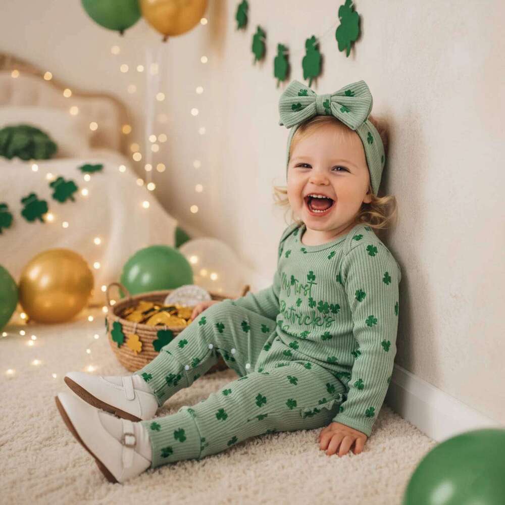 Baby Girls Rompers Irish Clothes Letter Embroidery Clover Print Round Neck Long Sleeve Infant Bodysuits Jumpsuits with Headband 26H0224