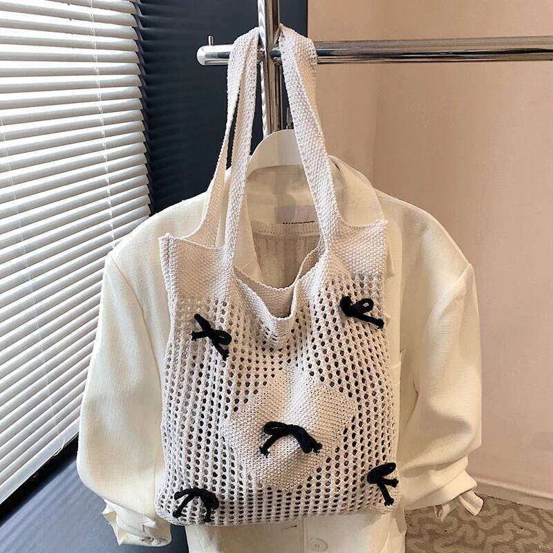 Bowknot Crochet Tote Summer Beach Mesh Knitted Large Aesthetic Shoulder Knit Handbags Hollow Bag for Women Z260224