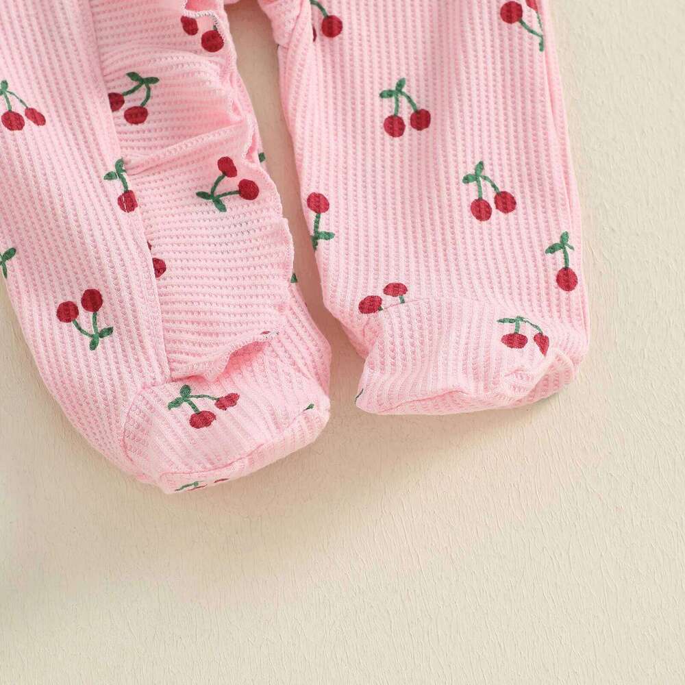 Newborn Baby Girl Fall Romper Cherry Print Long Sleeve Zip Up Round Neck Ruffled Footed Jumpsuit with Headband 26H0224