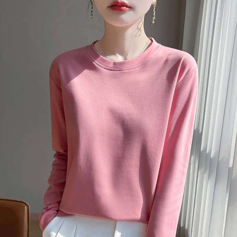 Spring And Summer New Mercerized Long Sleeve Women's Round Neck Loose 100% Cotton Bottoming T-shirt 26Y0224