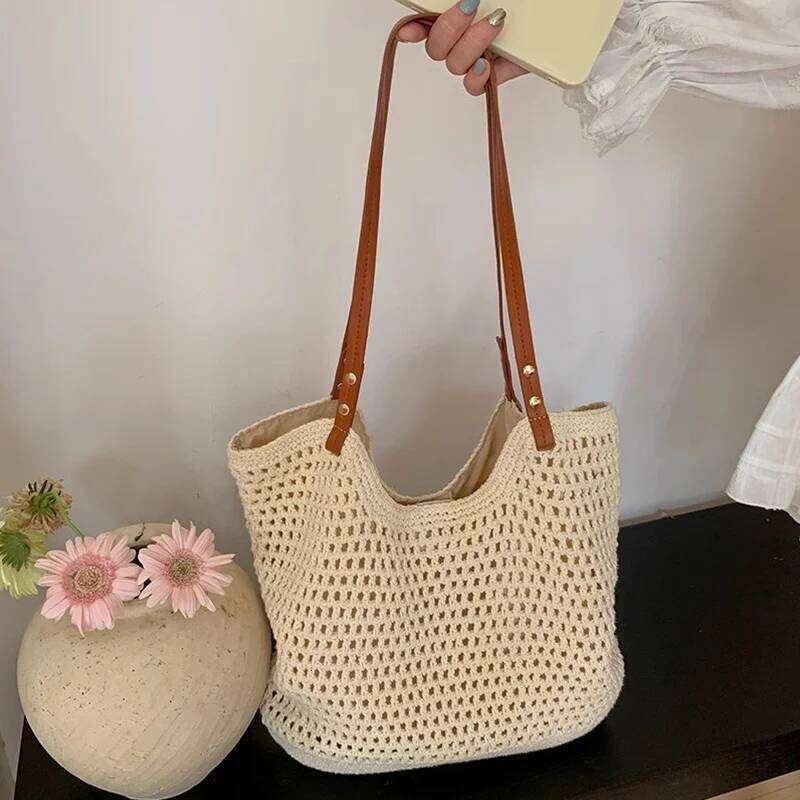 Summer Woven Shoulder Travel Vacation Women Beach Bag Commuter Large Capacity Hollow Tote Bags Casual Ladies Handbags Z260224