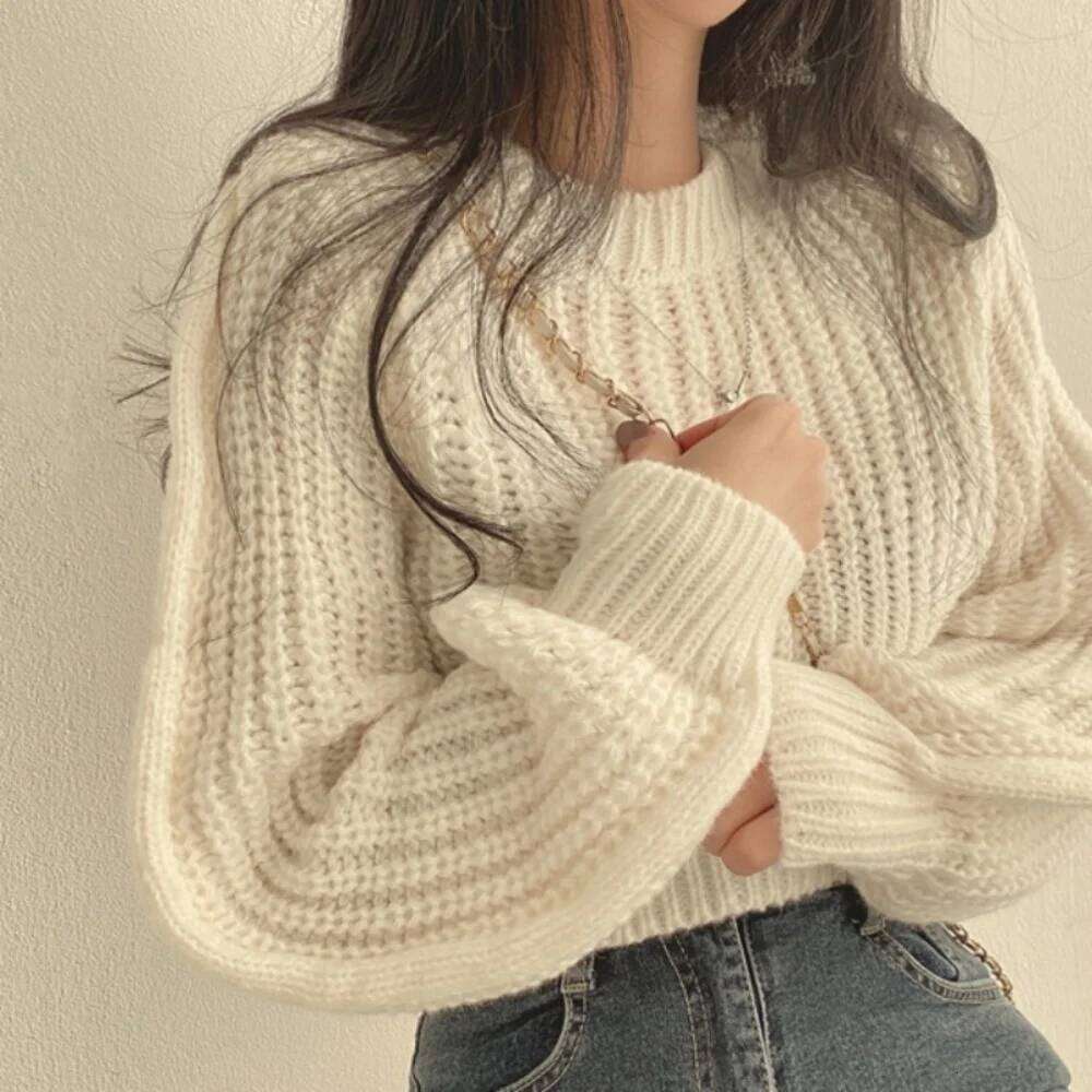 Korean Loose Long Sleeve Sweaters Fashion Women Harajuku Lantern Knit O-Neck Solid Basic Jumpers Autumn Winter Soft Warm Sweater 26L0224