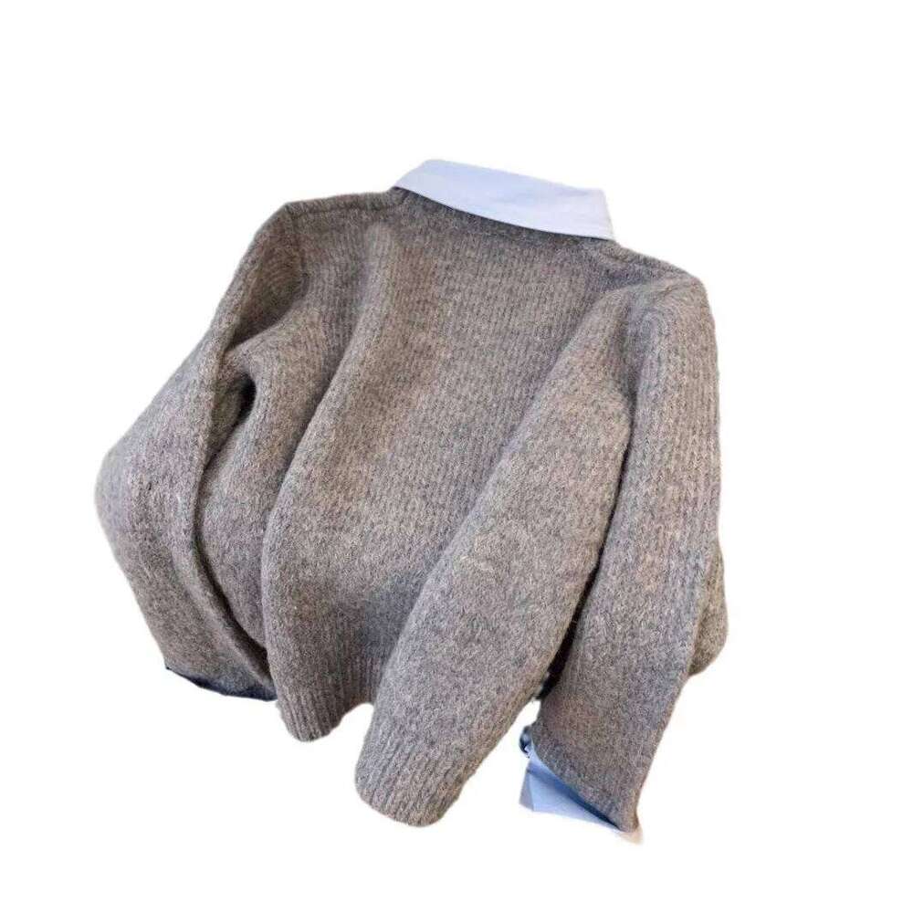 Mardi Hefxessdr Fae Two Shirts Women s Autumn Outfit New Lazy Linterior Contrastin Color Gray Knit Sweater Top With Flip Collar