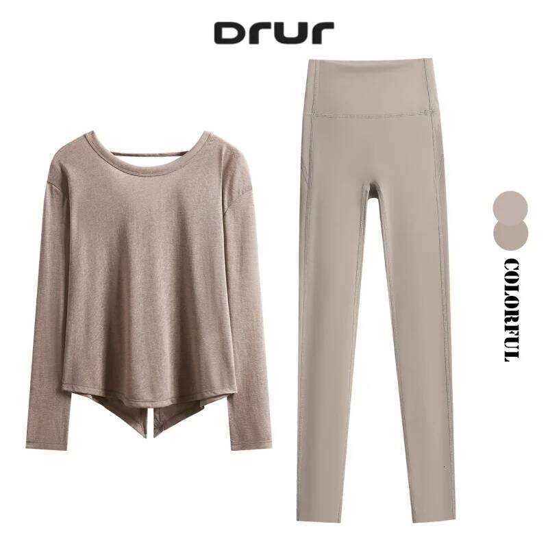 DRUR Seamless Yoga Sets 2 Piece Workout Outfits With Thin Long Sleeve Sport Top and High Waist Leggings Butt Lifting Gym Set 26Y0224