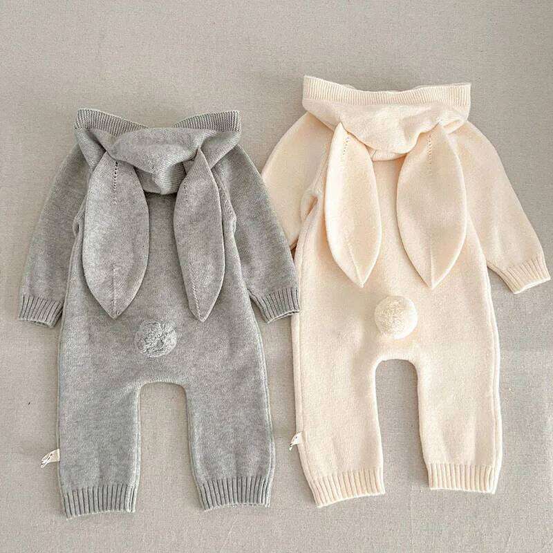 Autumn Winter Toddler Boys Girl Romper Korean Style Long Sleeved Solid Color Hooded Infant Baby Knitted Jumpsuit 26H0224
