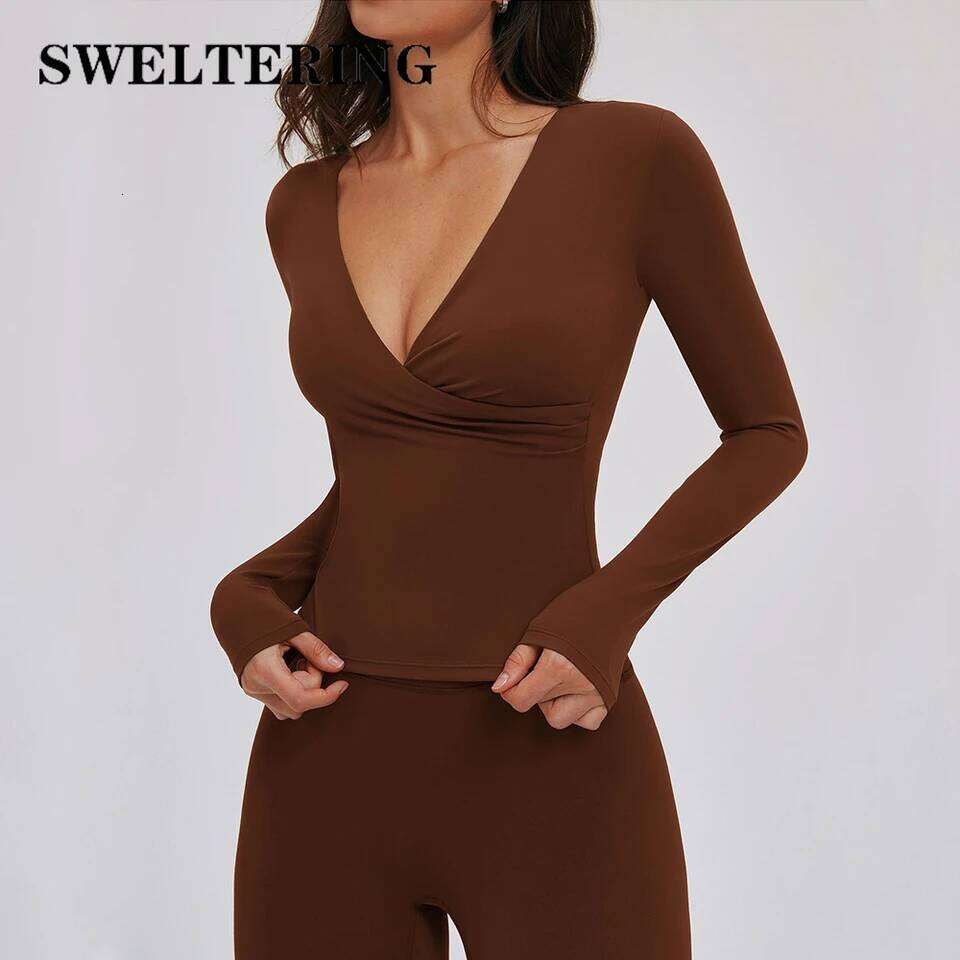 Women Deep V-neck Yoga Long-Sleeve Sport T-Shirt Sexy Chest Padded Training Top Female Naked Feeling Slimming Gym Fitness Shirts 26Y0224