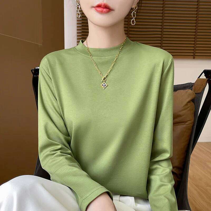 Spring and Autumn Half-high-necked Women's Long-Sleeved T-shirt Cotton New Bottoming Shirt Loose Outside 26Y0224