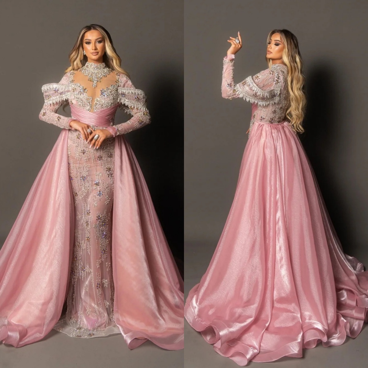 Gorgeous Evening Dresses High Neck Crystal Prom Dress with Detachable Train Long Sleeves Customized Party Gowns Vestidos De Noche Plus Size
