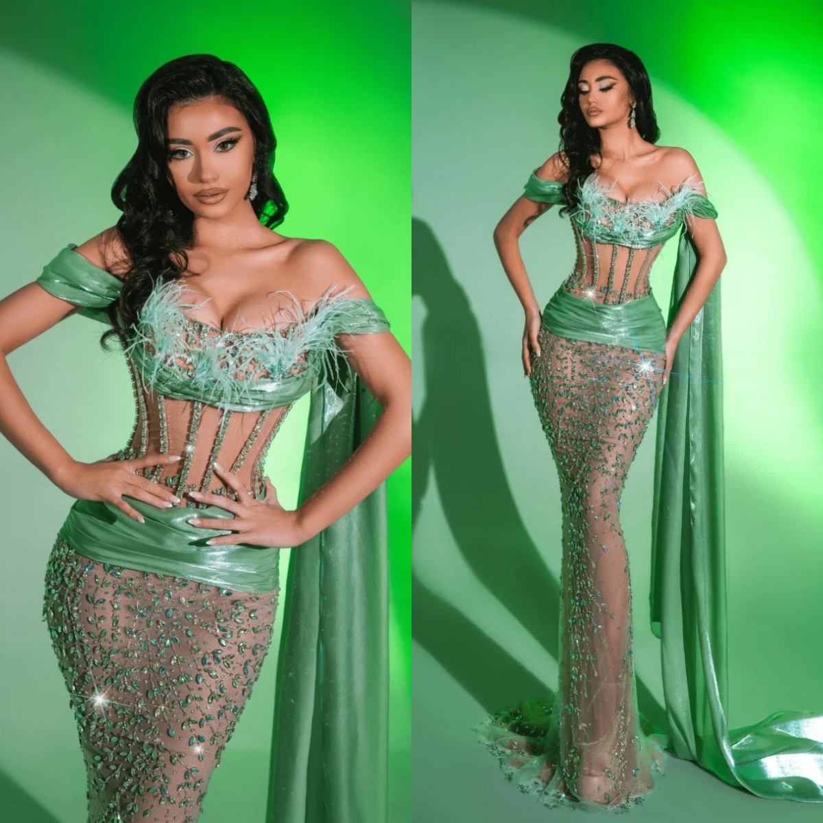 Sparkly Evening Dresses Feather Crystal Prom Dress Off Shoulder Illusion Sweep Train Customized Party Gowns Vestidos De Noche Plus Size