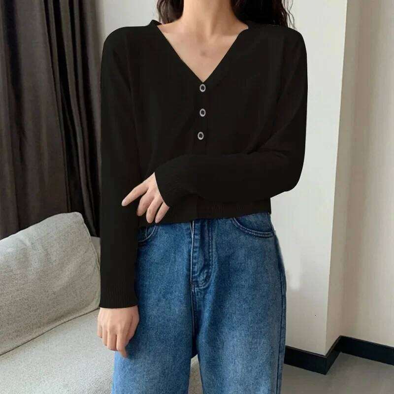 Women's Long Sleeve Cropped V Neck Button Down Knit Lady Autumn Spring Knitted Single-breasted Cardigan Sweaters 26L0224