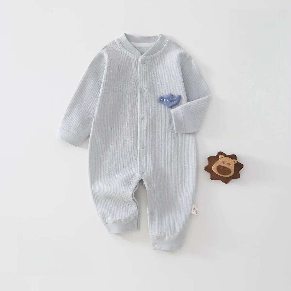 Newborn Boys Girls Bodysuit Spring 0-2Y Cotton Baby Romper Ribbed Texture Cute Patch Button Closure Soft Infant Jumpsuit Clothes 26H0224