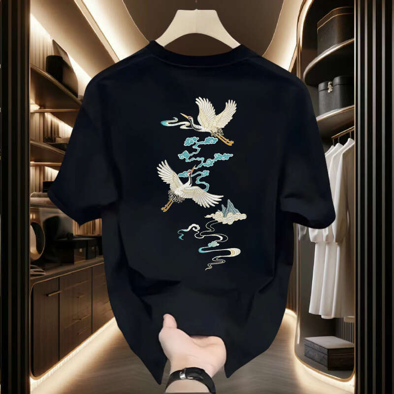 Men's T-shirt Chinese Style Double Crane Cloud Embroidered Loose Fit Exquisite Double Crane And Cloud Print On Back Breathable Comfortable Soft C
