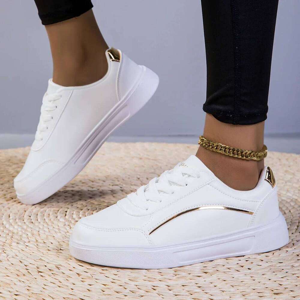 Fashion Woman White Pu Leathe Sport Women Flats Mesh Breathable Running Walking Shoes New Chunky Sneakers Zapatos De Mujer